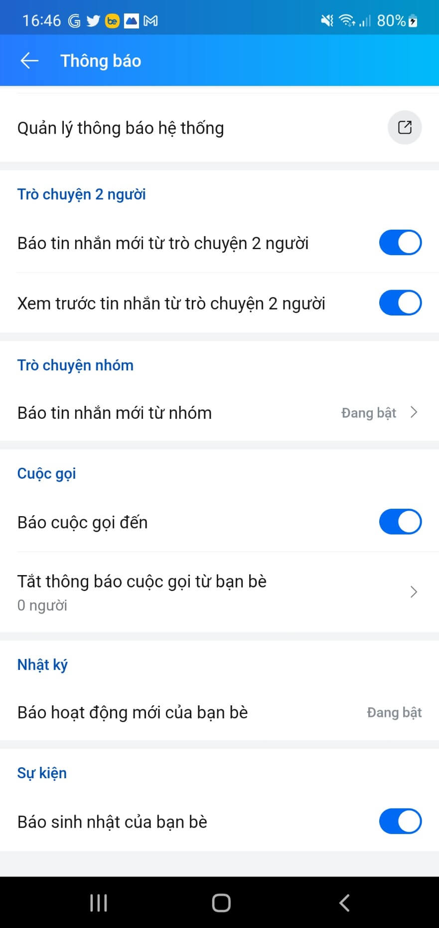 Chọn tắt để tắt báo sinh nhật của bạn bè trên Zalo