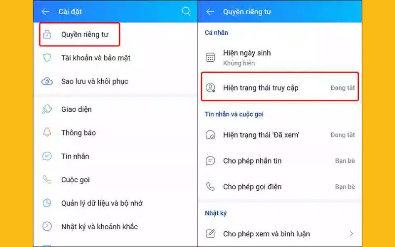 Cách tắt trạng thái truy cập trên Zalo bằng điện thoại